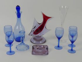 A quantity of glassware including a Waterford crystal wine glass, a blue glass decanter set and a