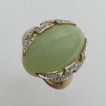 9ct gold celadon jade and diamond ring, 5.3 grams. Size K 20 mm wide.