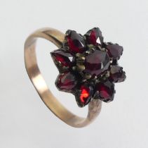 9ct gold (tested) garnet cluster ring, 2.8 grams. Size M 14 mm wide.