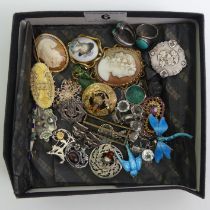 A box of costume jewellery including Victorian brooches and a silver and enamel dragonfly brooch.
