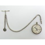 Railway regulator Swiss made pocket watch and silver Albert chain watch, 49mm in diameter.