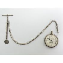 Railway regulator Swiss made pocket watch and silver Albert chain watch, 49mm in diameter.