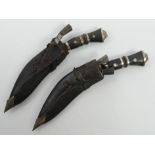 Two 1930's kukri with scabbards, blades 15cm.