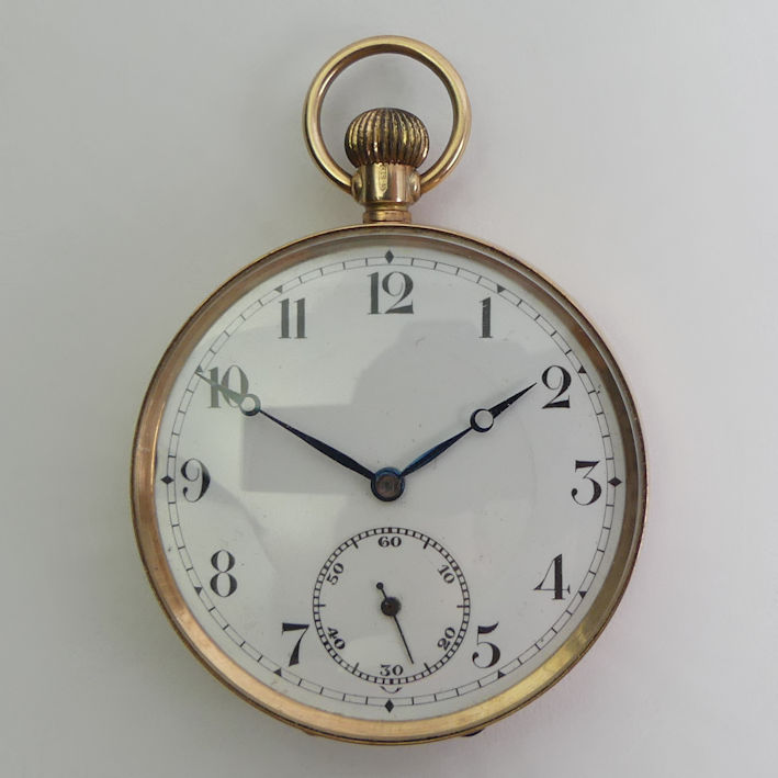 Gents 9ct gold open face pocket watch, c.1928, 81 grams gross, 47mm x 65mm. Condition Report: In