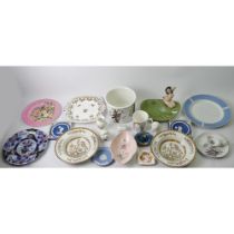 A box of Victorian and later ceramics to include a figural ashtray, Carlton Ware and Wedgwood.