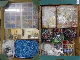 Two boxes of various stones, beads and crystal for repair or spares along with stringing wire and