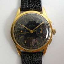 Legion black face gold tone 17 jewel chronograph movement watch. 37.4 mm including the button.