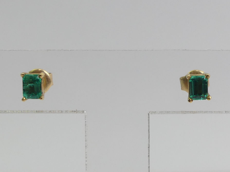 A pair of 18ct gold Columbian emerald earrings, stone size 3.3mm x 4.4mm. - Image 2 of 3