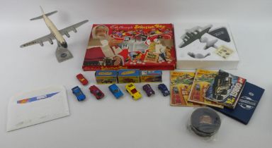 A box of toys including boxed Matchbox superfast 8 wheel crane and a Citroen S.M.