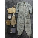 Militaria to include a US Airforce aviators suit together with a water bottle and a first aid kit.