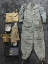 Militaria to include a US Airforce aviators suit together with a water bottle and a first aid kit.
