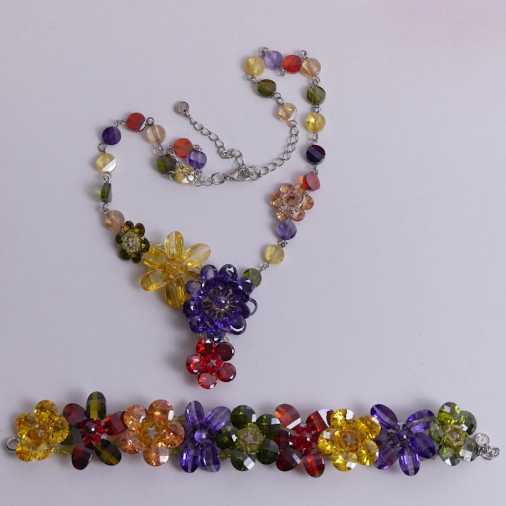 Boxed Butler and Wilson multi-coloured crystal floral design necklace and bracelet, a blue floral - Image 2 of 3