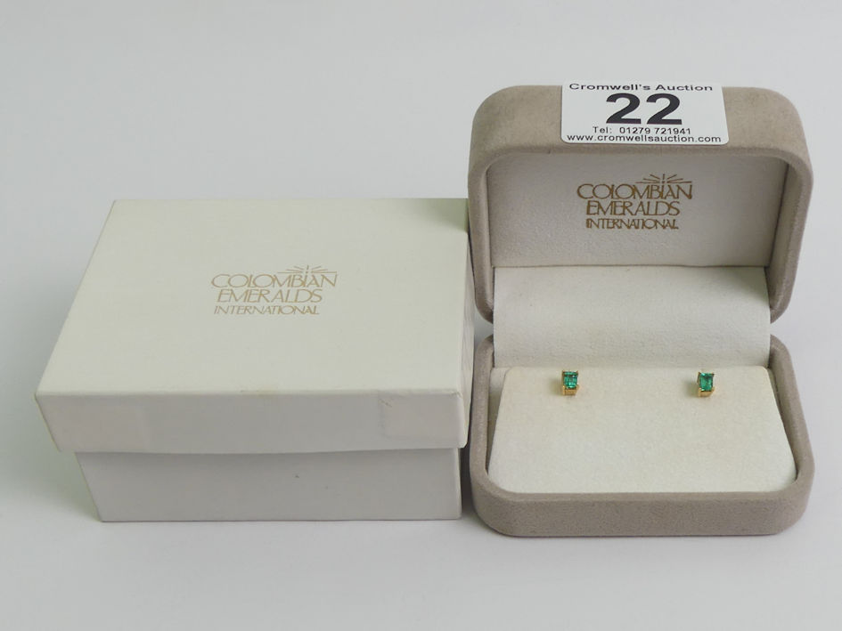 A pair of 18ct gold Columbian emerald earrings, stone size 3.3mm x 4.4mm. - Image 3 of 3