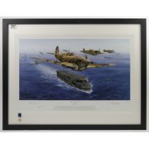A Framed and glazed limited edition print 'Spitfires Malta Bound' signed by various pilots including