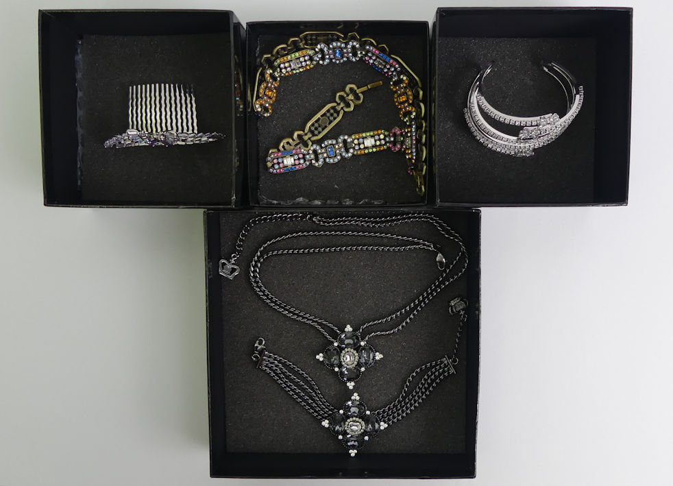 Butler & Wilson boxed jewellery including a dark crystal necklace and matching bracelet, (6 items).