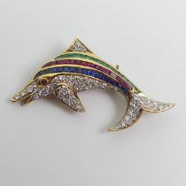 18ct gold, ruby, sapphire, emerald and diamond dolphin design brooch, 5 grams, 40mm, retailed by