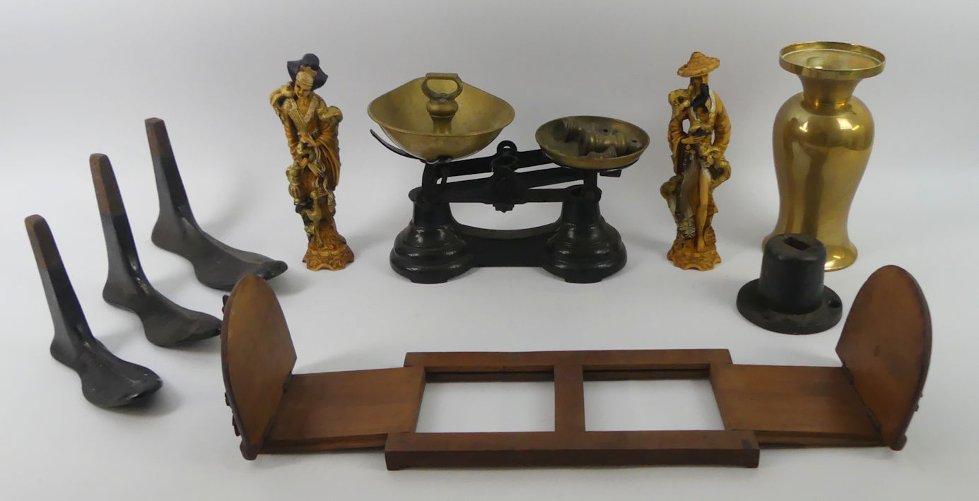 A box of items to include sets of scales and weights along with a book slide and a brass vase. - Image 2 of 2