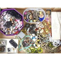 Three boxes of mixed costume jewellery including Murano glass, moss agate and other pendants and