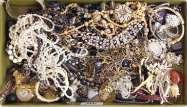 A box of costume and silver jewellery including a crystal set rose gold tone bangle.