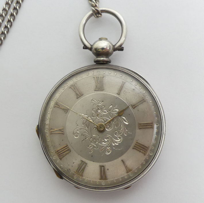 Fine silver open face pocket watch and chain, 38 x 56 mm. Condition report: In working order. - Image 2 of 3