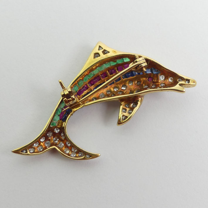 18ct gold, ruby, sapphire, emerald and diamond dolphin design brooch, 5 grams, 40mm, retailed by - Image 2 of 5