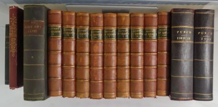 A box of books including nine volumes of History of England by Cassells and two volumes of Punch