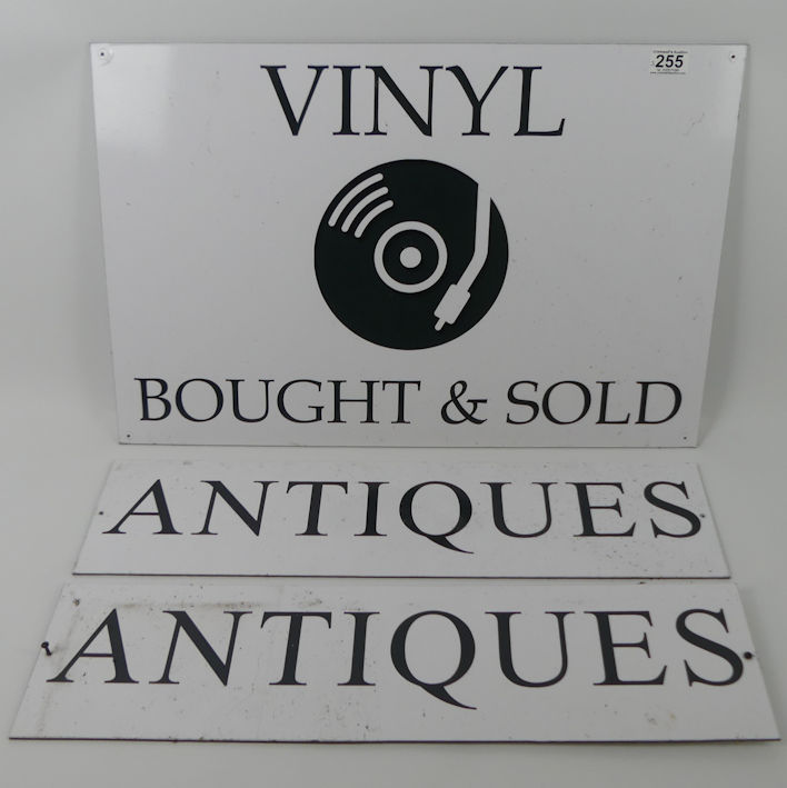 Vinyl bought and sold sign together with two antique signs, 43cm x 65cm.