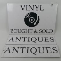 Vinyl bought and sold sign together with two antique signs, 43cm x 65cm.