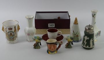 A box of Wade Whimsies, Beswick blue tits, an Aynsley vase and other ceramics, 18cm.