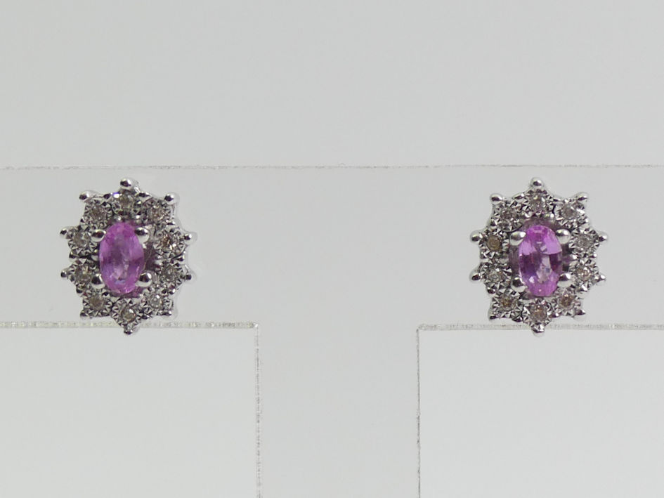 A pair of 9ct white gold pink topaz and diamond earrings, 2.8 grams, 11mm 9.5mm. - Image 2 of 3