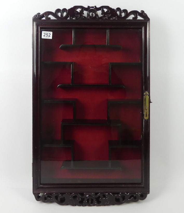 A Chinese hardwood wall hanging display cabinet 74cm x 71cm.