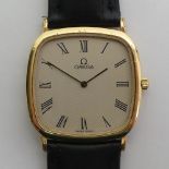 Gents boxed gold tone Omega quartz watch on a black leather strap (after market strap), 32mm inc.