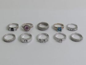 Ten sterling silver stone set rings, 34.6 grams.