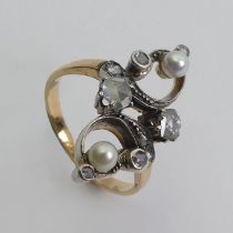 18ct gold and platinum diamond and cultured pearl ring, 4.2 grams, 24mm, size N.