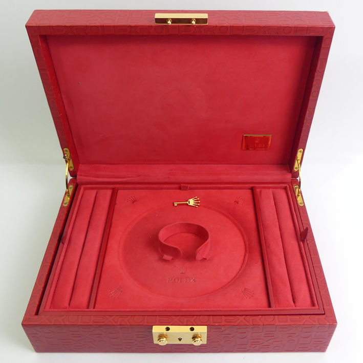 Rolex red leather jewellery and watch box with key, 29.5cm x 21cm x 9cm. - Image 2 of 5