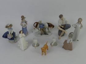 Ten figurines including B & G accordion player, five Lladro and Nao figures and a Royal Doulton.