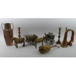 Brass ware to include a clockwork meat jack, a pair of horse and carts, a bugle and candlesticks.