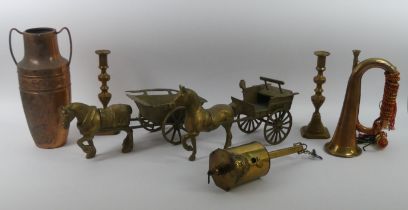 Brass ware to include a clockwork meat jack, a pair of horse and carts, a bugle and candlesticks.