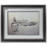 A framed and glazed Spitfire and Pilot print signed by Rodney Scrase. 59 x 49 cm. Collection only.