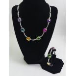 Sterling silver multi-coloured stone set necklace and matching bracelet, 61 grams, necklace 43cm x