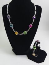 Sterling silver multi-coloured stone set necklace and matching bracelet, 61 grams, necklace 43cm x