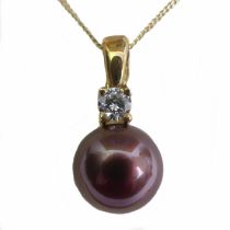 18ct gold tinted pearl and diamond pendant and chain, 3.2 grams. Pendant 18.5 x 9.1 mm.