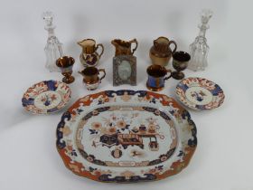 A Victorian Ironstone meat plate together with lustre pottery jugs, a Doulton jug, a pair of glass
