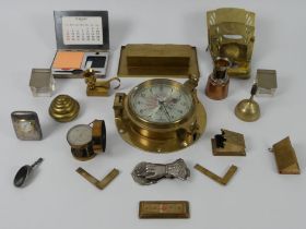 A quantity of metalware including a brass inkwell, brass Davidson of Derby air meter, a card