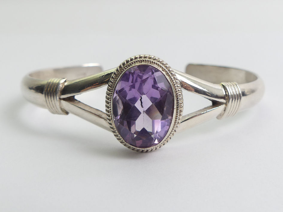 Sterling silver amethyst cuff bangle, 23.4 grams, 19.6mm wide.