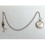 Fine silver open face pocket watch and chain, 38 x 56 mm. Condition report: In working order.