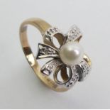 9ct gold cultured pearl and diamond ring, 2.5 grams, 12.7mm, size K.