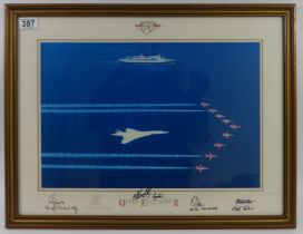 Framed and glazed print Cunard Queen Elizabeth II ship signed by staff members, 46cm x 61cm.