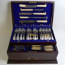 A mahogany canteen of silver plated cutlery. 50 x 36 x 21 cm.