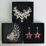 Butler & Wilson crystal peacock brooch, 17cm, butterfly necklace and star earrings.